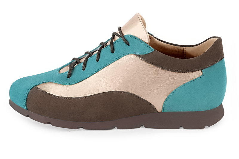 Aquamarine blue, gold and chocolate brown women's three-tone elegant sneakers. Round toe. Flat rubber soles. Profile view - Florence KOOIJMAN